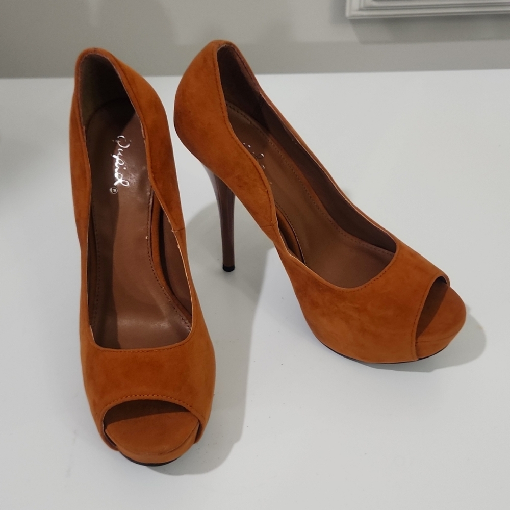 Camel suede high heels